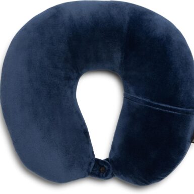 Brookstone Microbead Travel Head and Neck Pillow Lightweight and Plush with Phone or Headphone Pocket, Blue