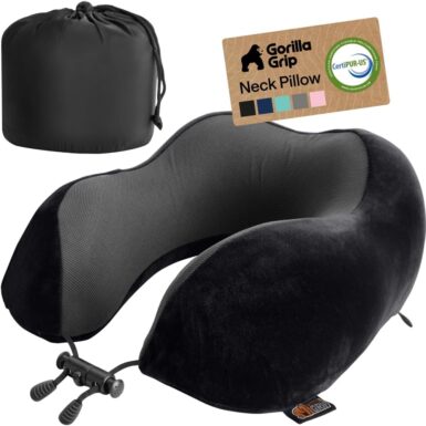 GORILLA GRIP Travel Neck Pillow for Airplanes, CertiPUR-US® Memory Foam Cooling Mesh Pillows, Soft Velvet Washable Cover, Support Headrest for Sleeping, Traveling Essentials Flight Accessories, Black